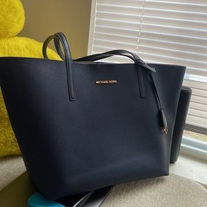 $298 Michael Kors Studio Mercer Large Leather Tote Denim Dark Blue